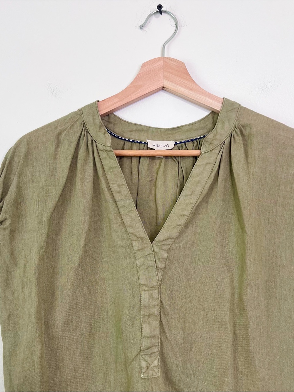 Anthropologie Olive Green Short Sleeve Split-Neck Blouse - Picture 3 of 10